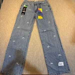 Love Soho Denim Bow Wide Leg Jeans Blue Mid Waist Ribbon Applique Size 11 NWT